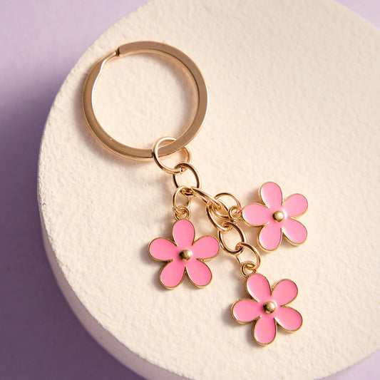 Gold Plated Pink Flower Power Keychain