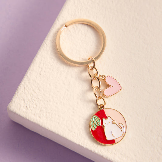 Gold Plated Cat and Heart Keychain