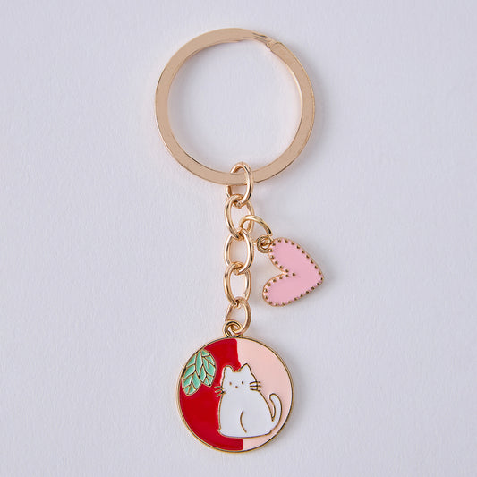 Gold Plated Cat and Heart Keychain