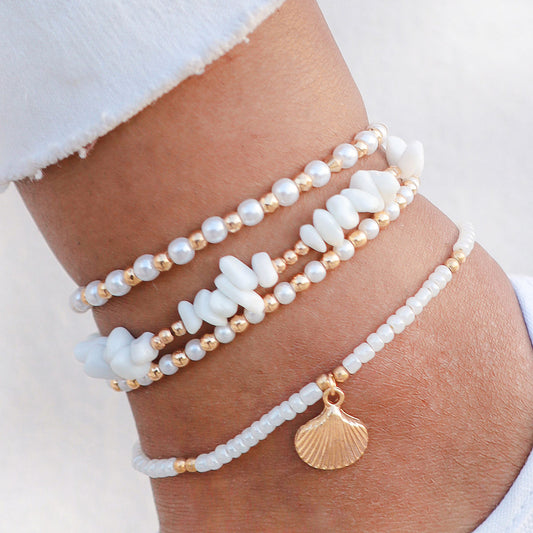 Set of 4 Gold & Pearl Multi Stack Charm Anklets