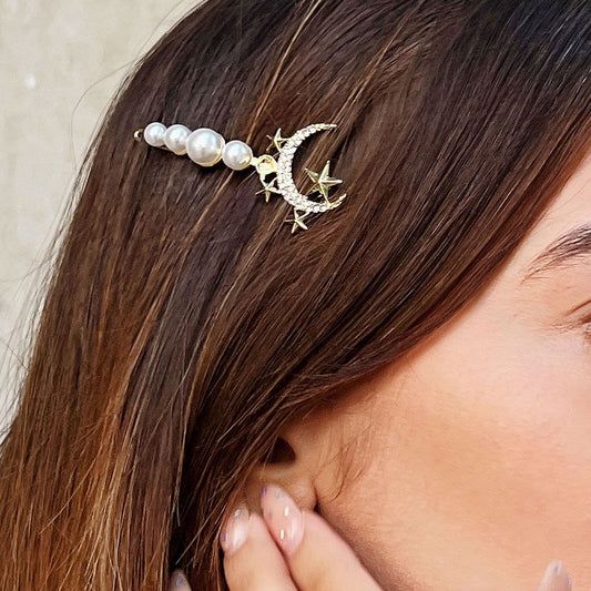 Moon & Star Stone Studded Pearl Embellished Hair Pin