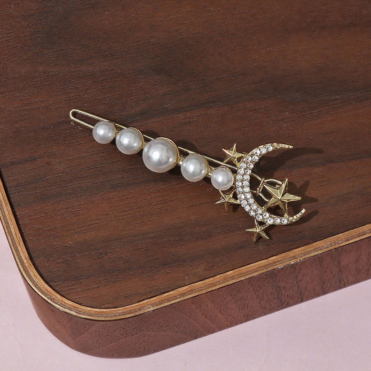 Moon & Star Stone Studded Pearl Embellished Hair Pin