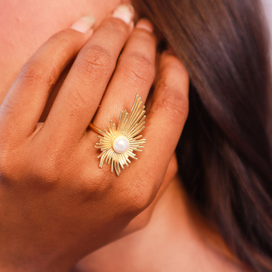 Festive Spikey Flora Gold Ring with Pearl