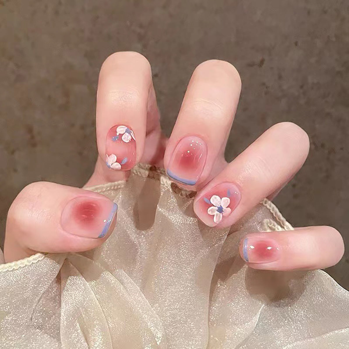 Floral Pink Stick On Nails with Blue