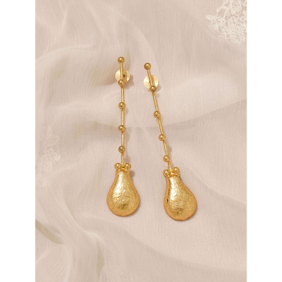 Bohemian Gold Toned Alloy Metal Thin Straight Bar with Hand Crafted Trinket Dangler Earrings