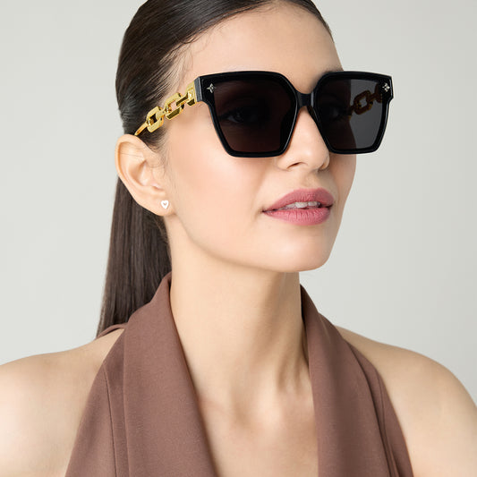 Oversized Black Sunglasses with Gold Link Rims