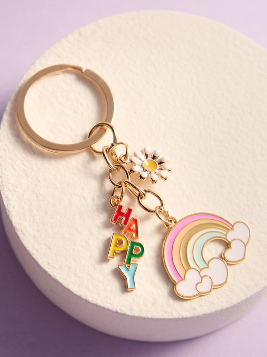 Gold Plated Rainbow and White Daisy Keychain