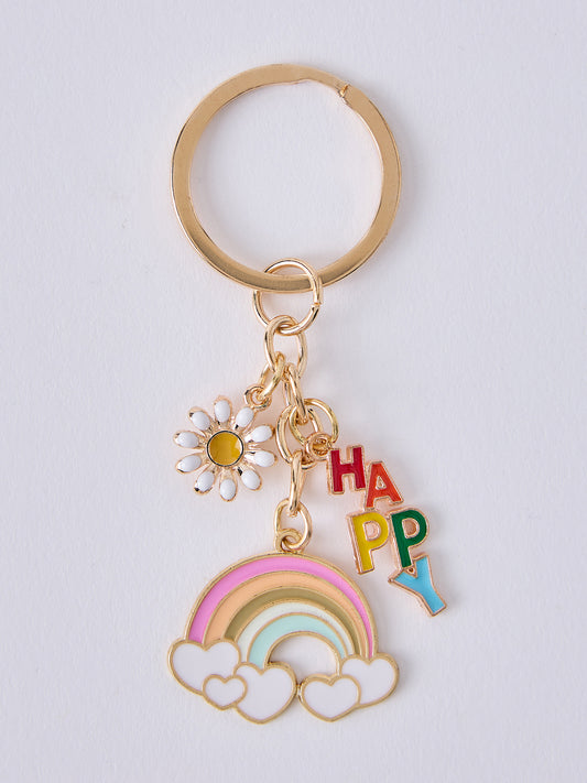 Gold Plated Rainbow and White Daisy Keychain