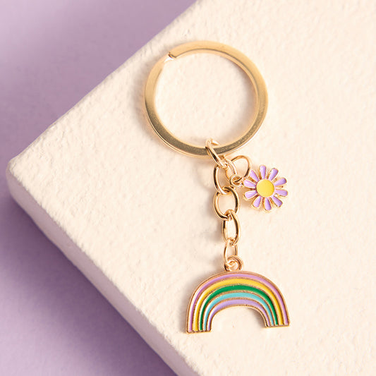 Gold Plated Rainbow and Purple Daisy Keychain