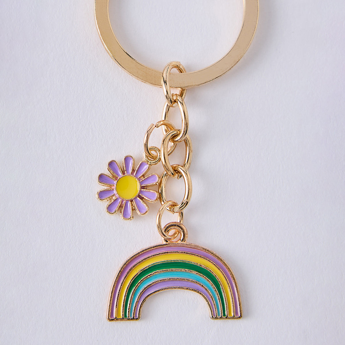 Gold Plated Rainbow and Purple Daisy Keychain