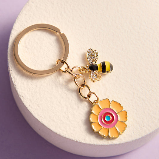 Gold Plated Honeybee and Flower Keychain
