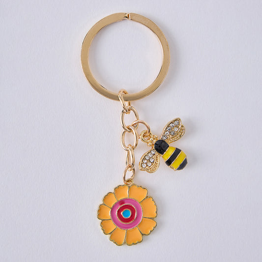 Gold Plated Honeybee and Flower Keychain