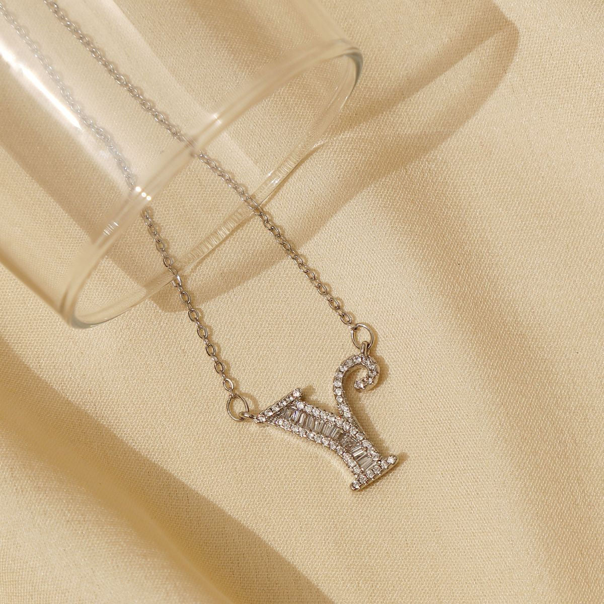 Silver Clear Crystal Studded Y Initial Pendant