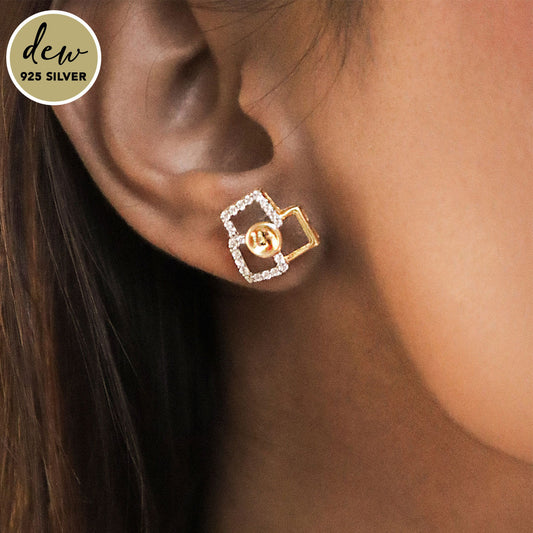 Gold-Plated 925 Sterling Silver Stone Studded Square Trio Stud Earrings