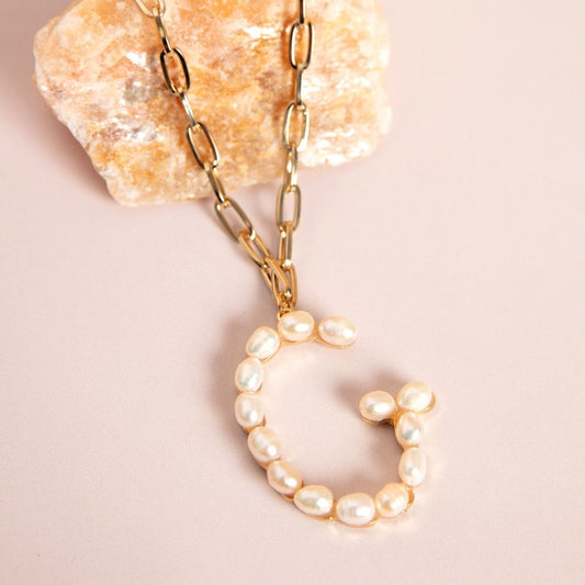 Gold Pearl Studded G Initial Chain Necklace