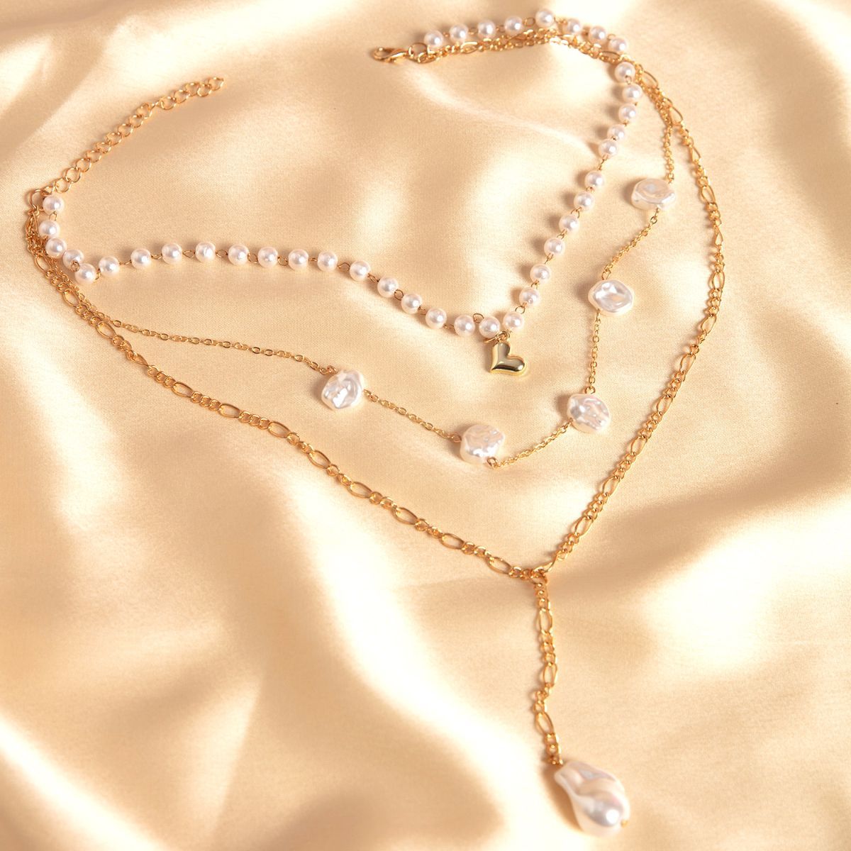 3 Layered Gold Pearl Lariat Necklace