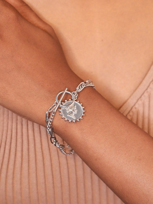 Layered Coin Charm Silver Plated Bracelet