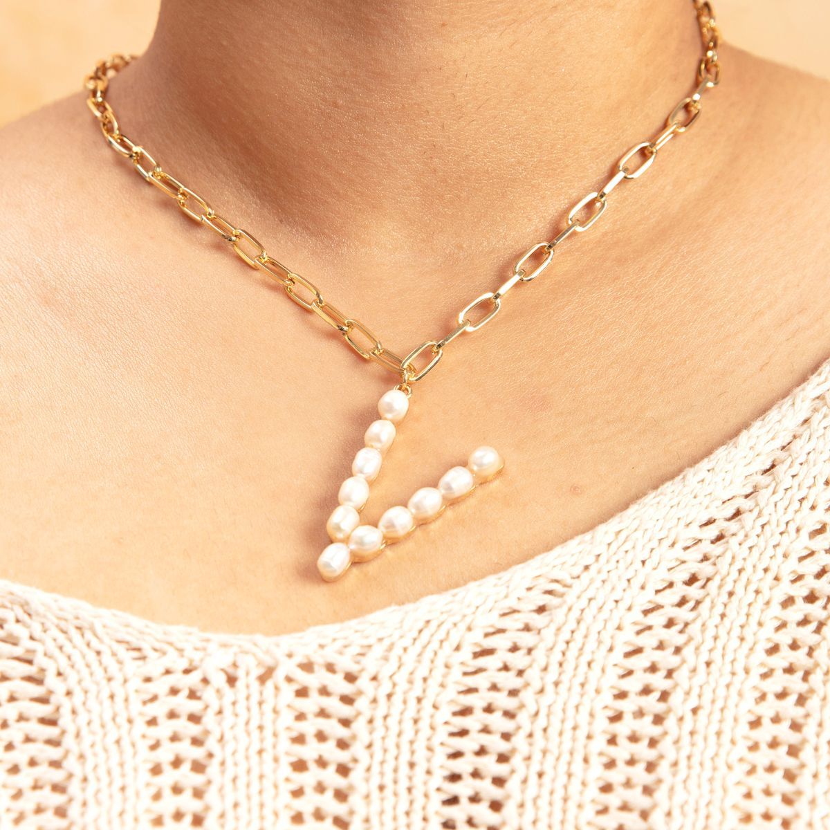 Gold Pearl Studded V Initial Chain Necklace