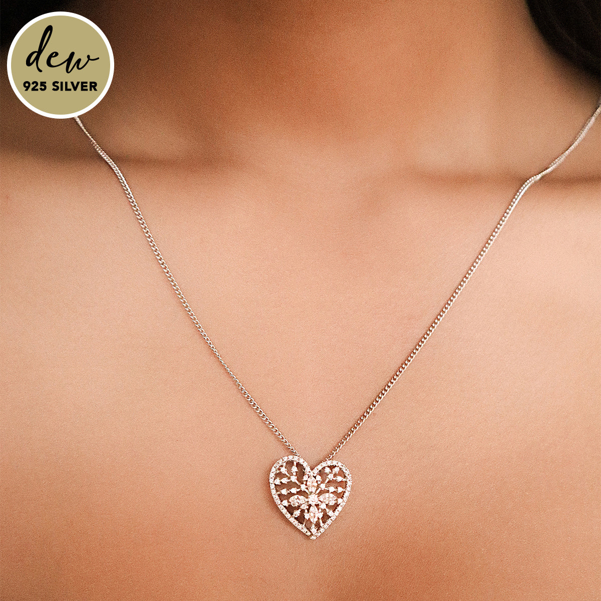 Dew by PB Silver-plated CZ-Stone Studded 925 Sterling Silver Heart Necklace