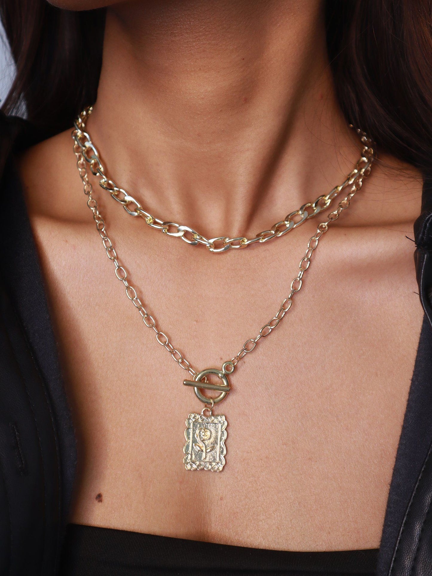 Statement Layered Gold Plated Necklace with Charm Pendant