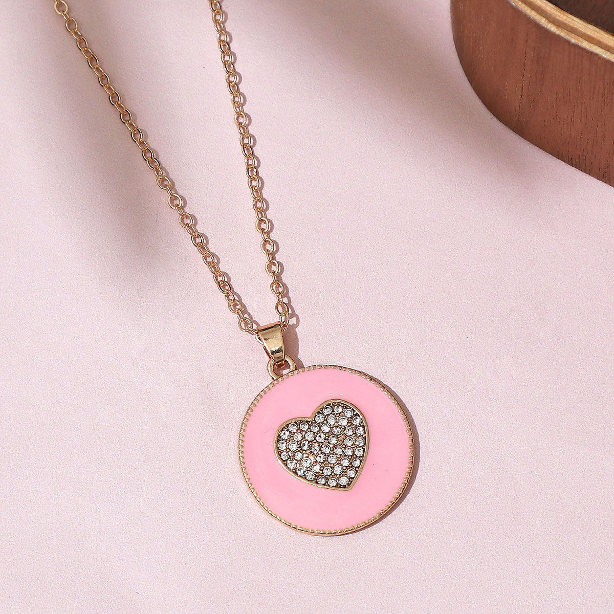 Pink Enamel Stone Studded Heart Round Necklace