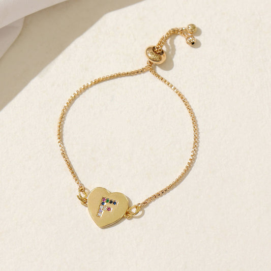 Gold Heart Multicolor F Initial Bracelet
