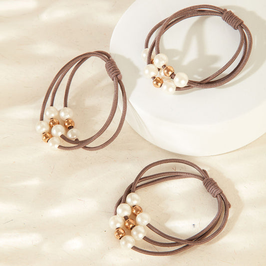 SET OF 3 CONTEMPORARY PEARLS STUDDED LIGHT BROWN HAIR TIES
