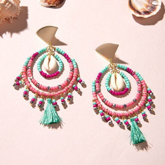 Peach and Turquoise Tassle and Shell Earrings