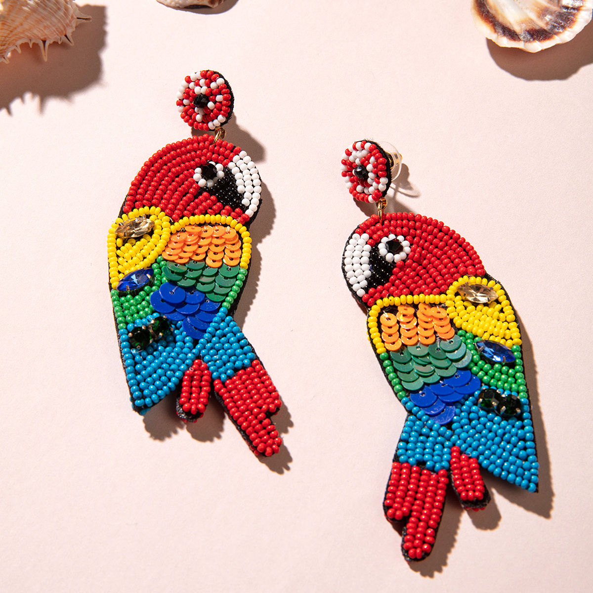 Multi-Coloured Beaded Parrot Dangler Earrings