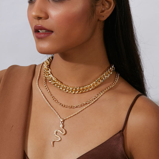 Gold Triple Layered Serpent Chain Necklace