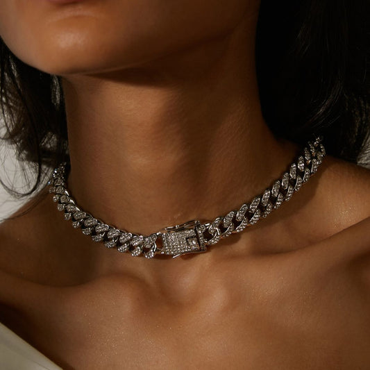 Box Clasp Studded Silver Chain Necklace