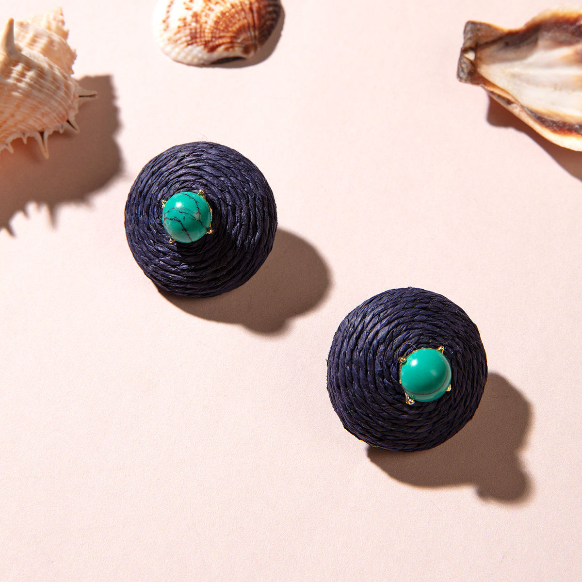 Dainty Black Textured Stud Earrings Embellished with Turquoise Stone