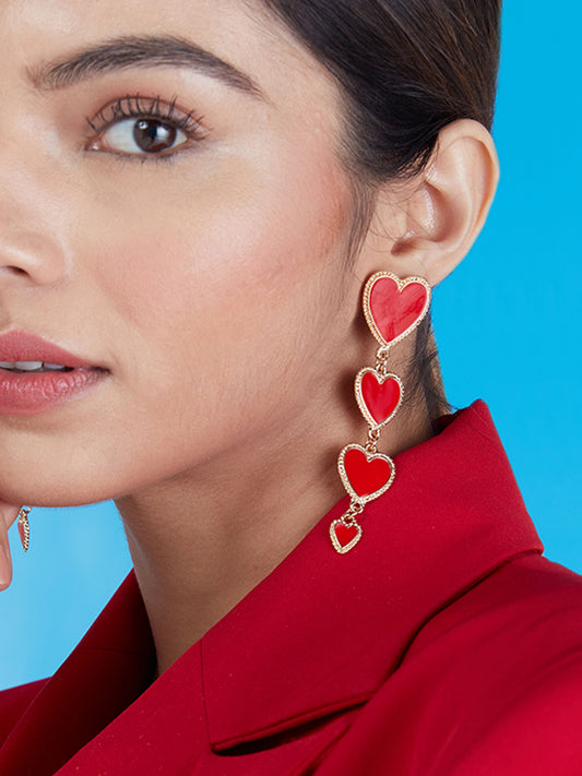 CZ Studded Red Heart Drop Earrings