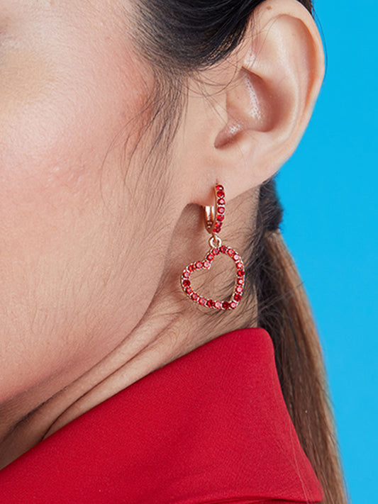 Red CZ Studded Heart Drop Earrings