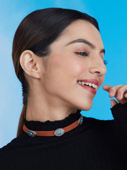 Brown Choker Necklace with Blue Studded Stones