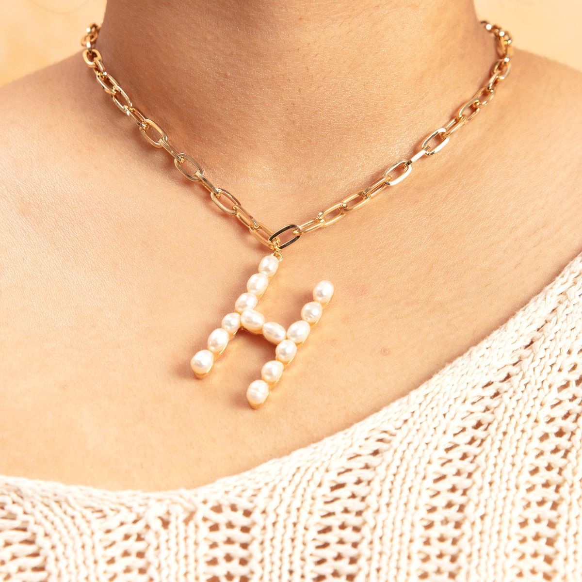 Gold Pearl Studded H Initial Chain Necklace