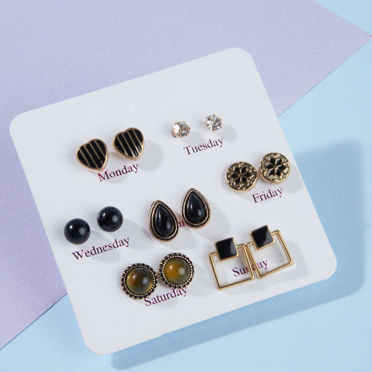 Pipa Bella by Nykaa Fashion Set of 7 Black and Gold Stud Earrings Combo