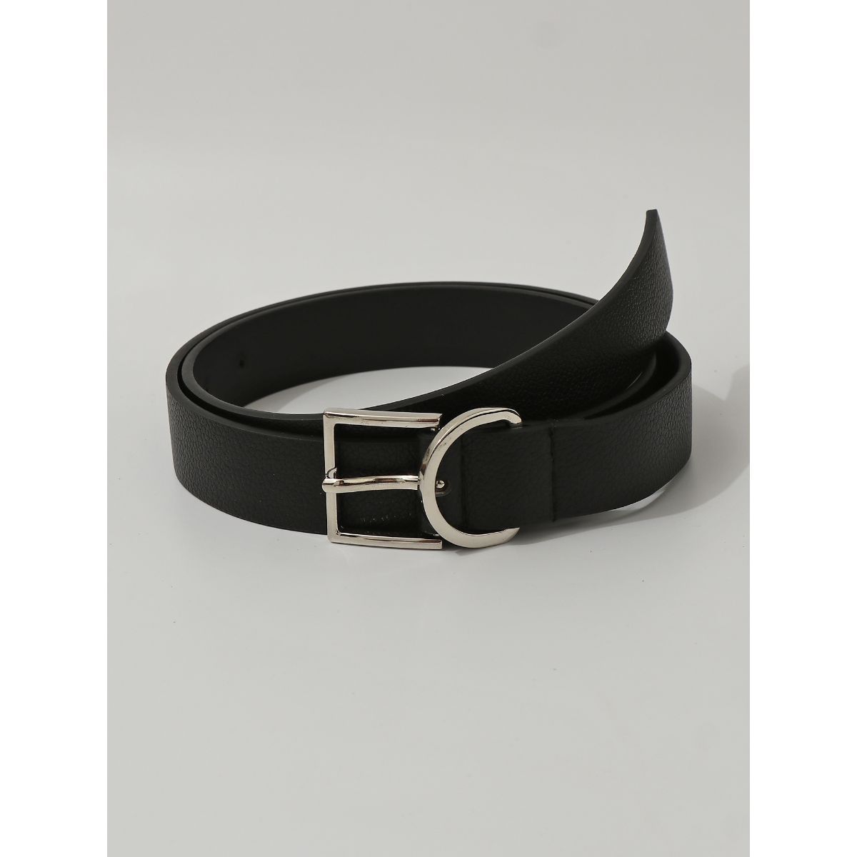 Classic Black Faux Leather Silver Square Buckle Belt