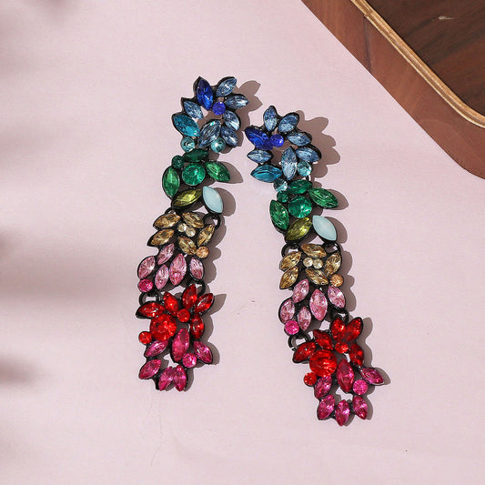 Multi-Color Rhinestone Embellished Broad Drop Earrings