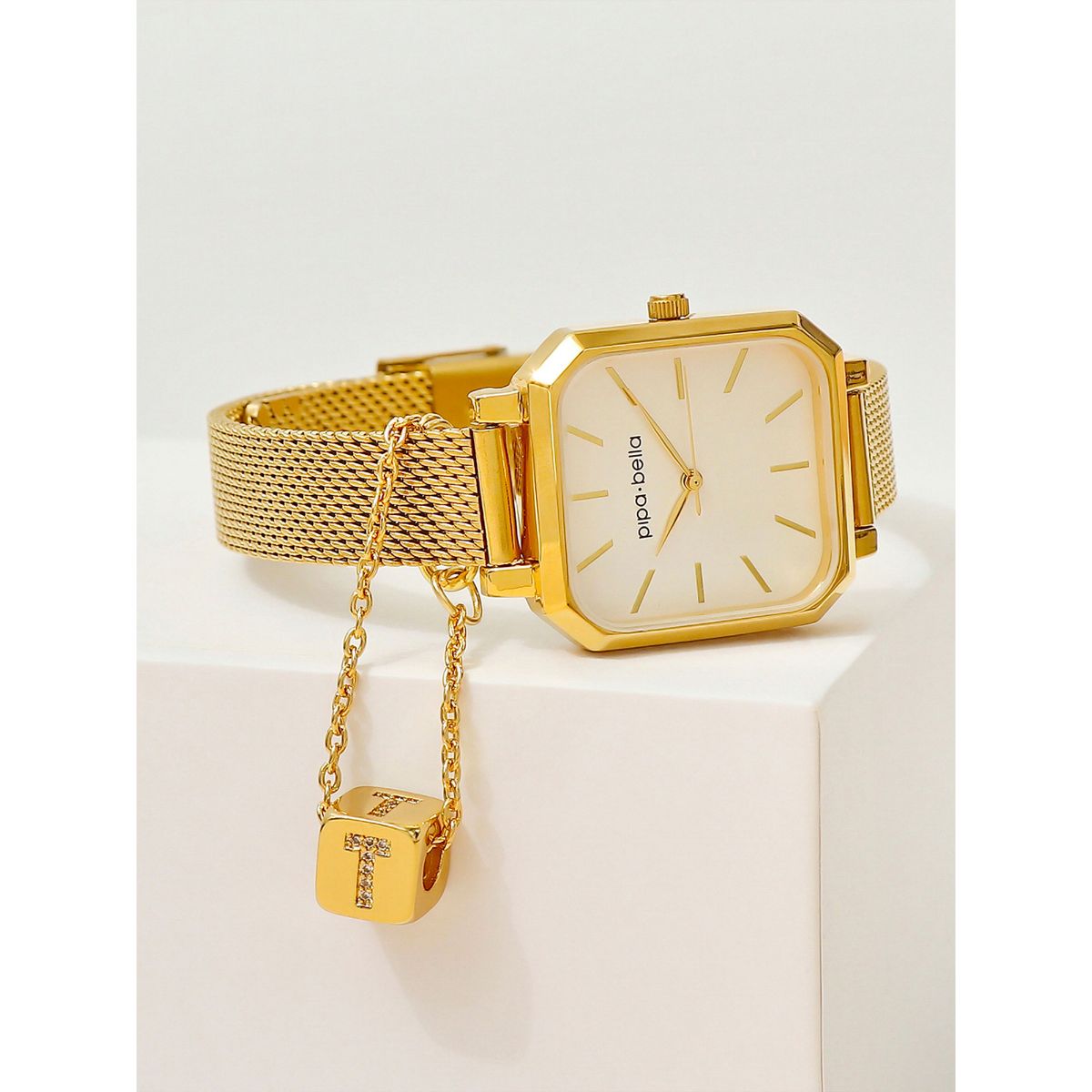 Gold-Plated T Initial Cubic Watch Charm
