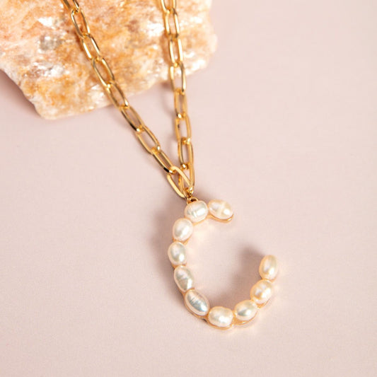Gold Pearl Studded C Initial Chain Necklace