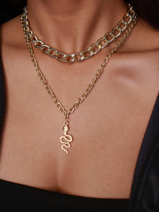 Gold Plated Layered Serpent Link Chain Necklace