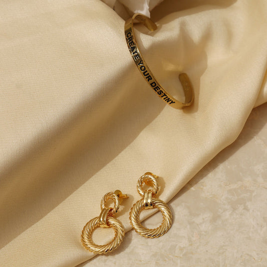 Gold Dainty Dangler Earrings and Karma Bangle Bracelet Set