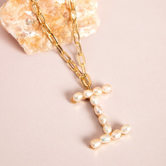 Gold Pearl Studded I Initial Chain Necklace