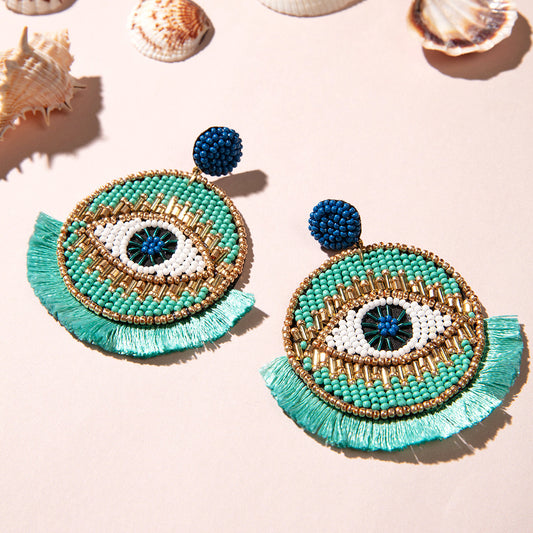 Turquoise Evil Eye Beaded Fringe Dangler Earrings