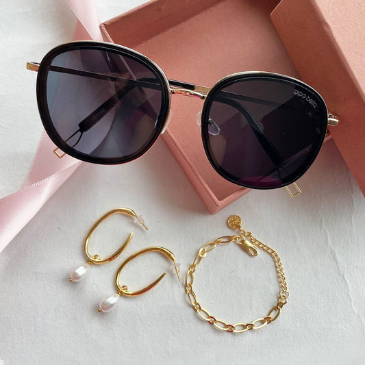 Statment Gold Tone Bracelet, Pearl Drop Earring & Classic Black Sleek Round Sunglass Rakhi Gift Set