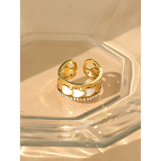 Gold Stone Studded White Heart Enamel Ring