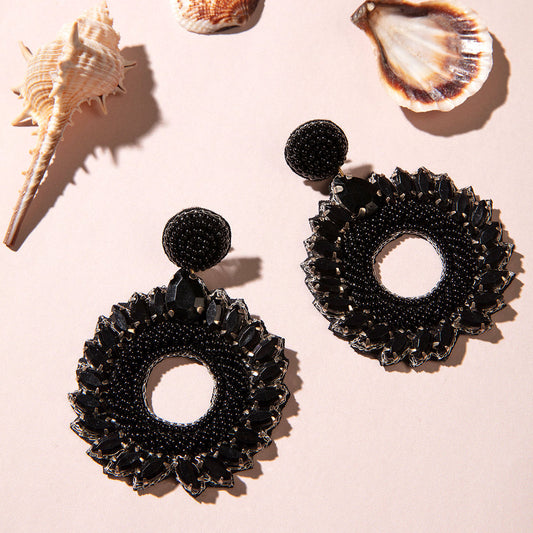 Classic Black Stone Studded Round Drop Earrings
