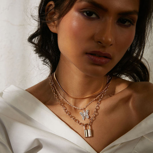 Butterfly Lock Triple Layered Chain Necklace