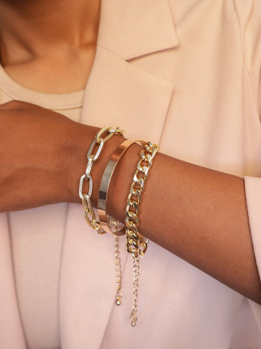 Contemporary Gold Plated Link and Cuff Stacked Bracelet